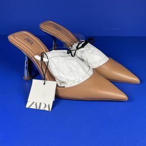 NWT Zara Slingback Short Heels Bide Gold Womens Size 6 Brown Pointed Toe